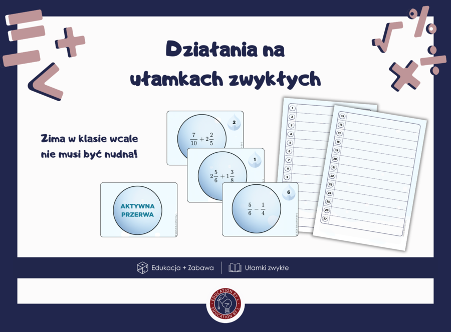 Zimowe ułamki zwykłe | 27 przykładów + odpowiedzi | Matematyka