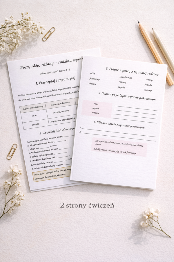 Róża, róże, różany – rodzina wyrazów [Karta pracy]