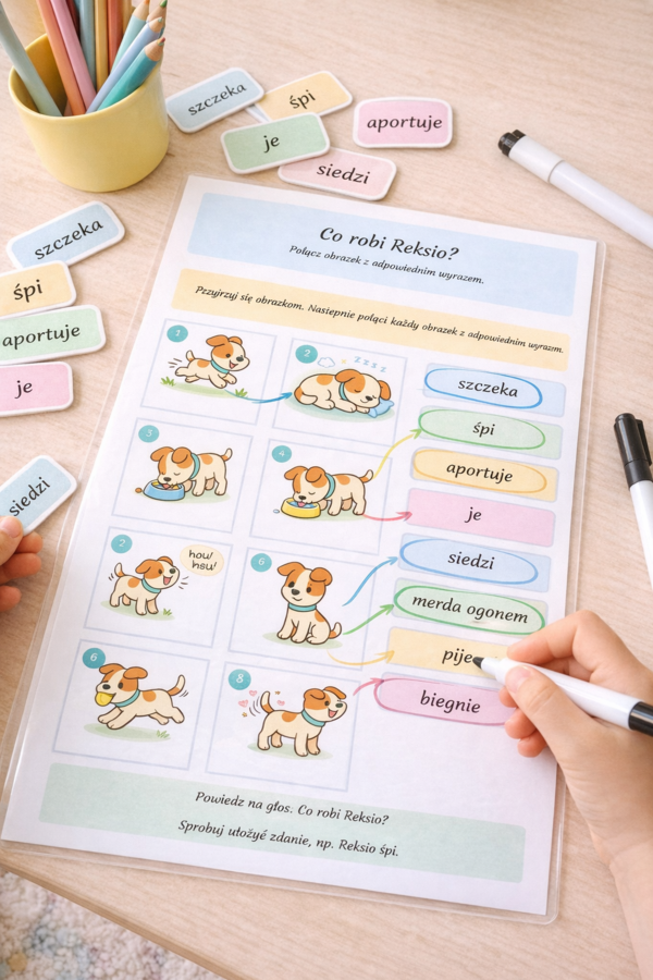 Co robi Reksio? – dopasuj czynność do obrazka
