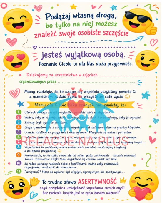 Dyplom na zakończenie zajęć i podziękowanie za uczestnictwo w zajęciach