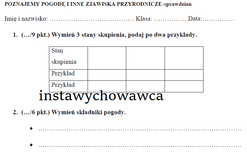 poznajemy pogodę i inne zjawiska przyrodnicze-sprawdzian