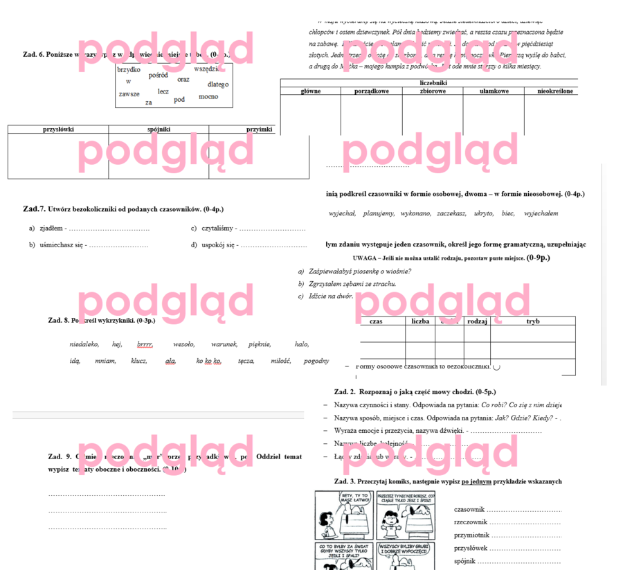 Części mowy - sprawdzian ze wszystkich 10 części mowy - klasa 6 - 7