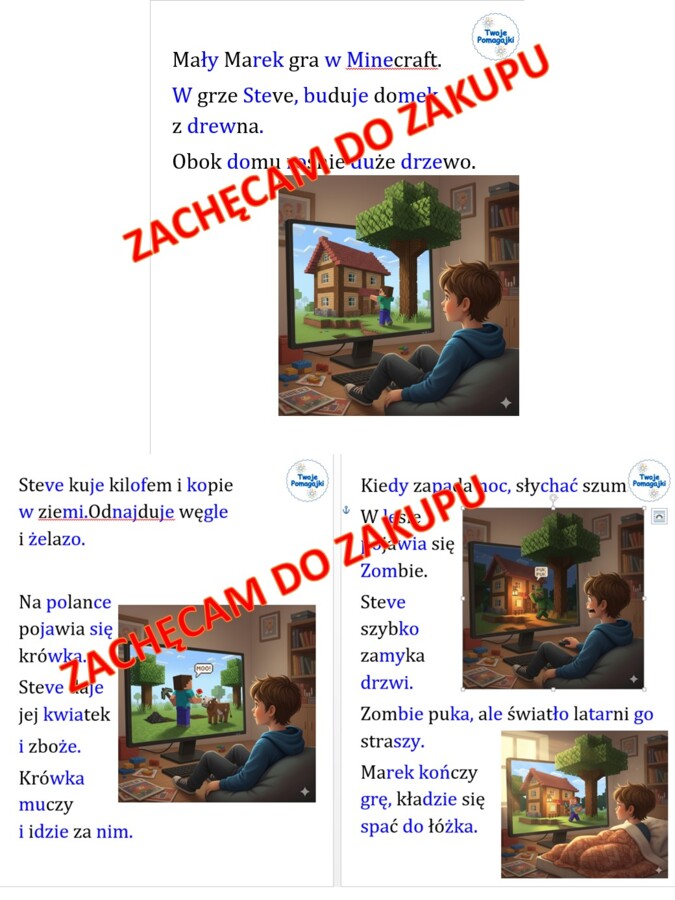 Czytanie sylabami- duże litery, opowiadanie z postaciami Minecraft