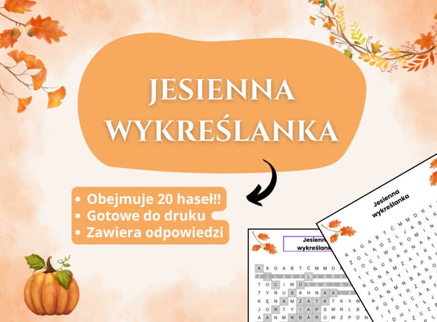🍁 Wykreślanka „Jesień” – klasy 1–8, świetlica, godzina wychowawcza, język polski