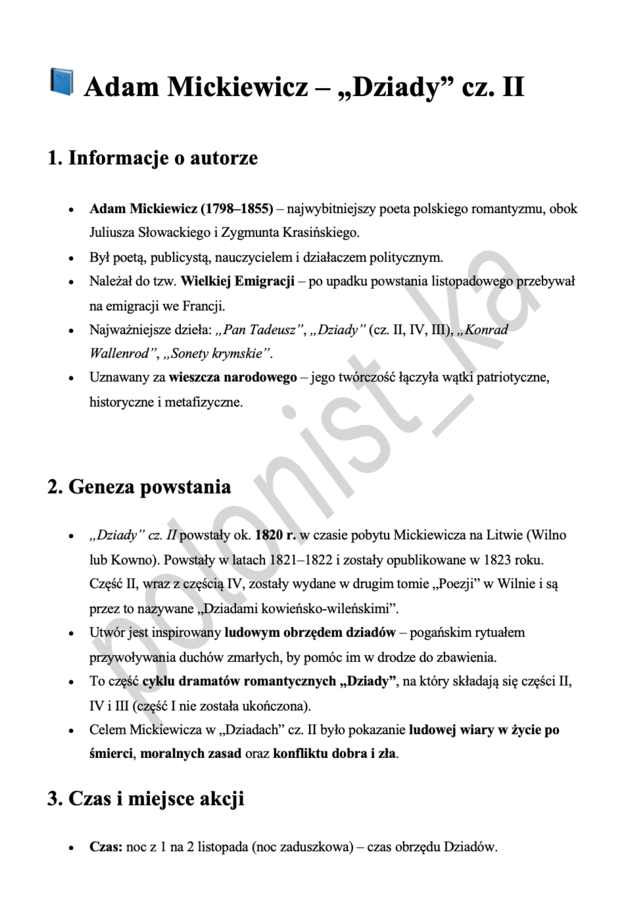 "Dziady" cz. II - notatka dla ucznia