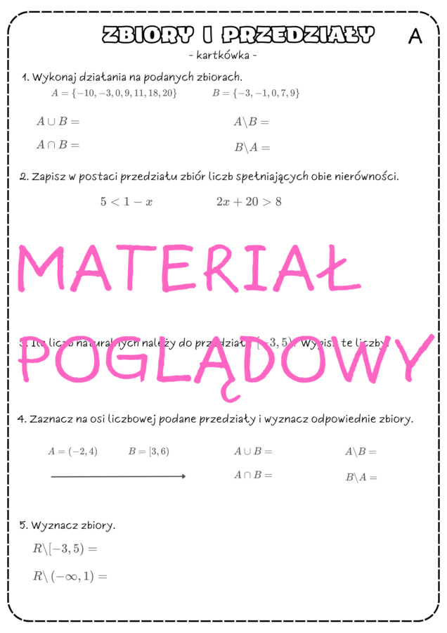 Zbiory liczbowe, przedziały - karta pracy. Klasa 1