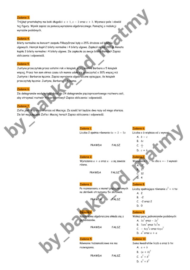 Zeszyt przygotowań do E8 z matematyki – wyrażenia algebraiczne i równania
