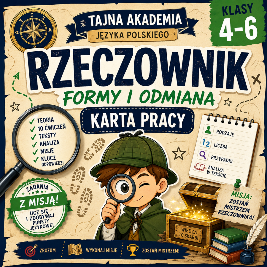 Rzeczownik – formy i odmiana | misja | karta pracy kl. 4–6 + odpowiedzi modelowe
