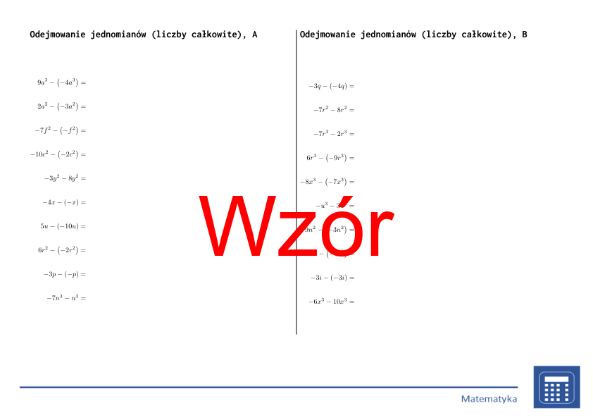 Odejmowanie jednomianów (liczby całkowite) | matematyka, algebra | 26 kolumn