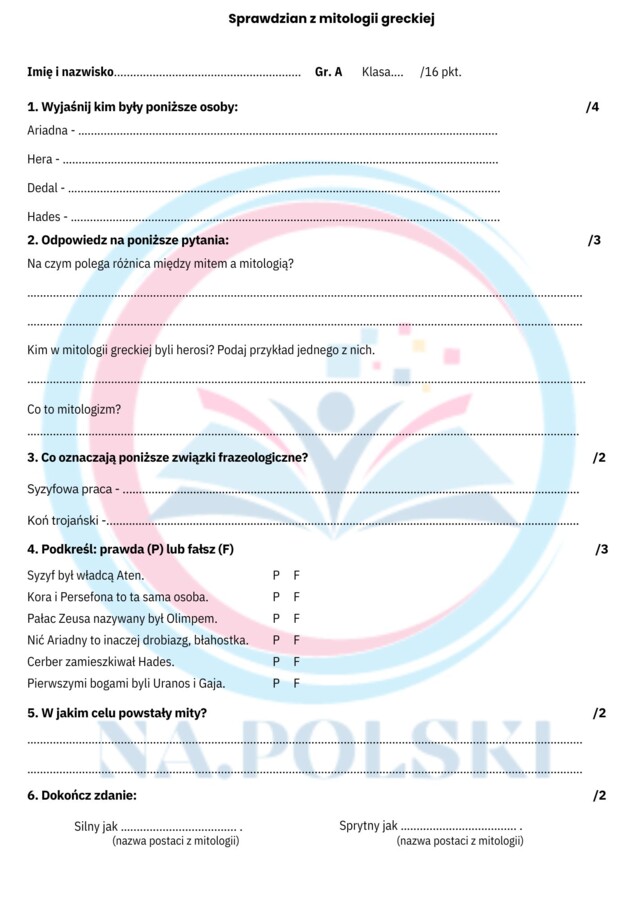 Sprawdzian z mitologii greckiej