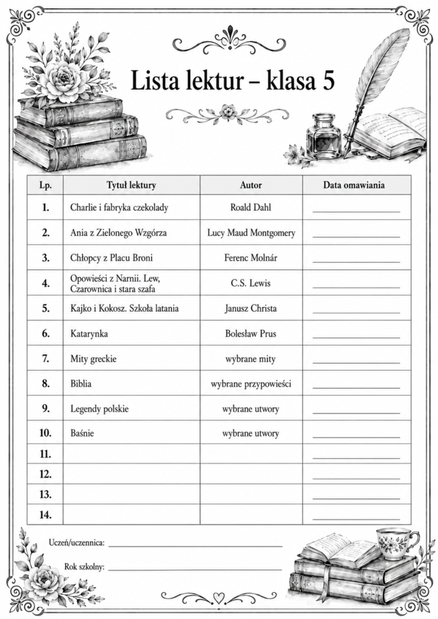 Lista lektur do klasy 5 (różne wersje) czarno-białe