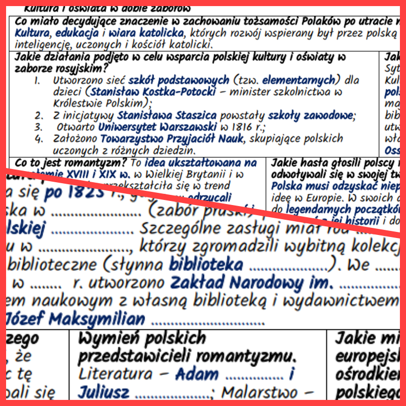 Kultura i oświata w dobie zaborów - notatki, karta pracy