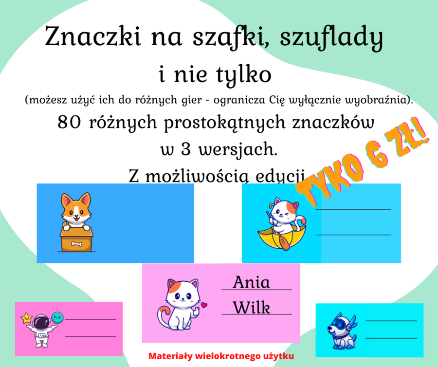 Znaczki do szafki, na półki czy szuflady.