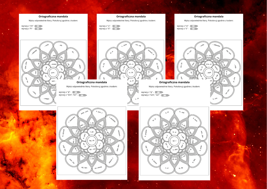 ORTOGRAFICZNE mandale – wyrazy z Ó-U, CH-H, RZ-Ż, Ą-ON, OM, Ę-EN, EM – ortografia - zestaw - mandala