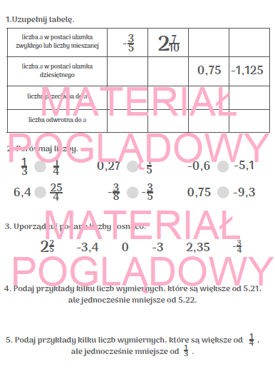Liczby wymierne - klasa 7, 8 - notatka + karta pracy