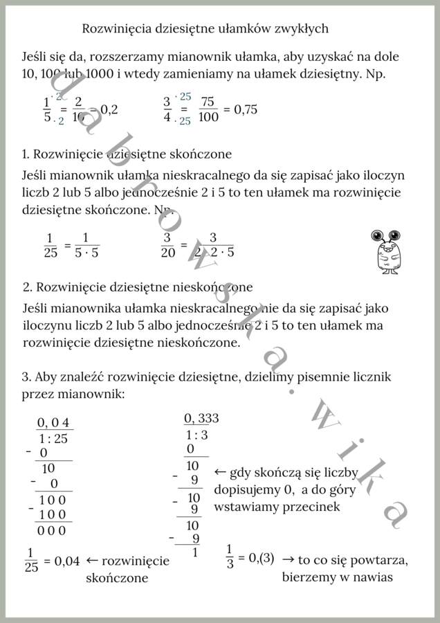 Rozwinięcia dziesiętne ułamków zwykłych - notatka