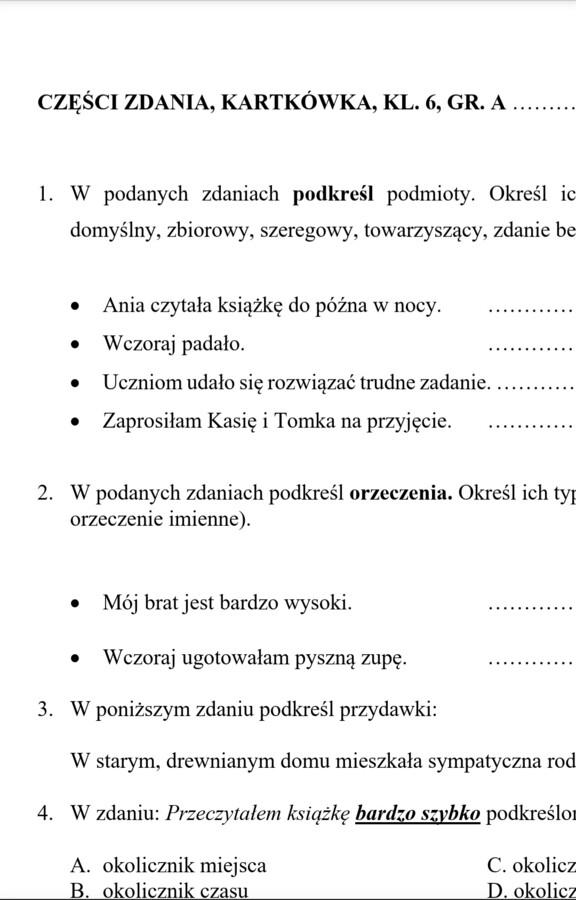 Kartkówka - części zdania