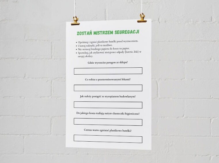 Plakaty edukacyjne. Cykl życia fasoli (etap 1: nasiono, etap 2: kiełek, etap 3: młoda roślina, etap 4: dorosła roślina). Jak segregować śmieci? Kolorowe kosze i co do nich wrzucamy? Najczęstsze błędy i odpady nietypowe.