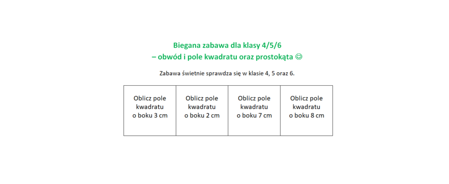 Biegana zabawa. Pole, obwód prostokąta oraz kwadratu. Klasa 4/5.