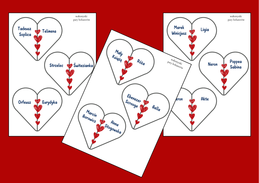 PARY BOHATERÓW - WALENTYNKI - miłość - fiszki - 24 szt. - lektury 4-8 - powtórka