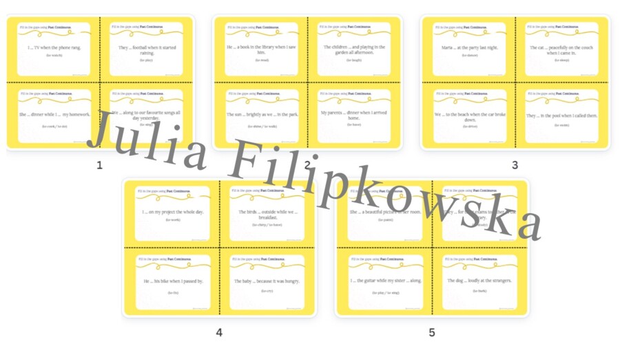 Past Continuous/ Zdania twierdzące/ Karty do mówienia/ Mówienie/ Speaking/ Konwersacje/ Klasy 4-8/ Klasy 4-6/ Klasy 6-8/ SP/ Warm-up/ Rozgrzewka/ Speaking cards/ Gramatyka/ Grammar/ Speaking cards grammar/ Grammar cards/ E8
