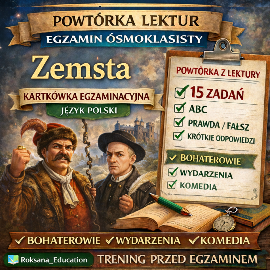 📚 „Zemsta” – kartkówka egzaminacyjna | powtórka przed egzaminem ósmoklasisty (15 zadań)