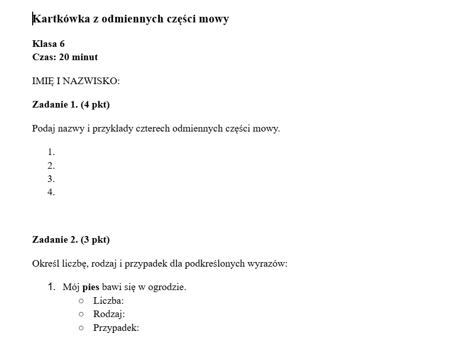 Kartkówka - odmienne części mowy