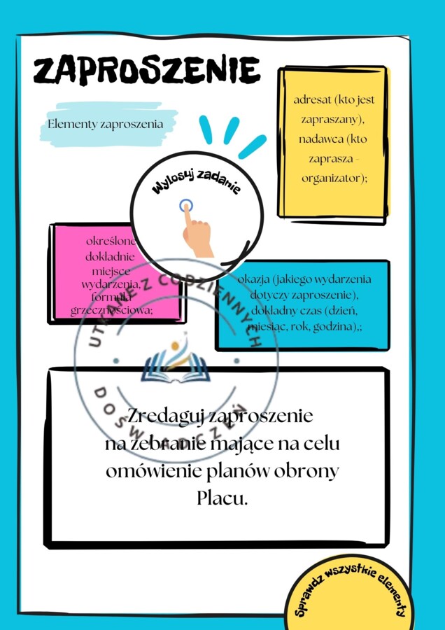 Uczymy się redagować zaproszenia - 50 kart graficznych z poleceniami i podpowiedziami