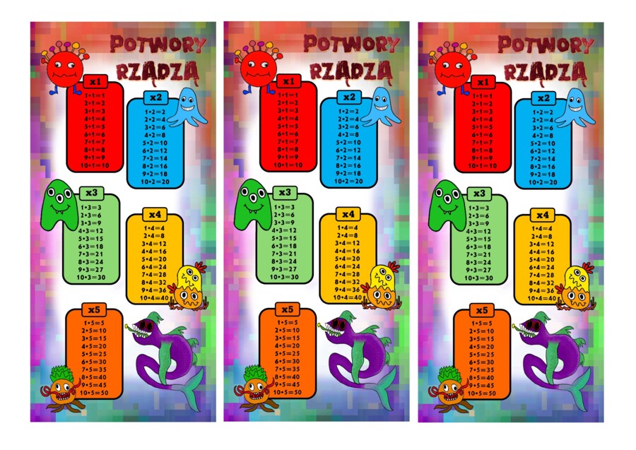 (klasa 4 klasa 5 klasa 6) Dzień Tabliczki Mnożenia - pakiet kart pracy z potworami + Gra z potworami.