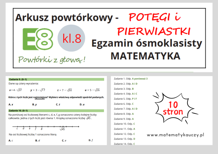 ARKUSZ POWTÓRKOWY kl.8 – POTĘGI i PIERWIASTKI + odpowiedzi / Wymagania na 2025 rok