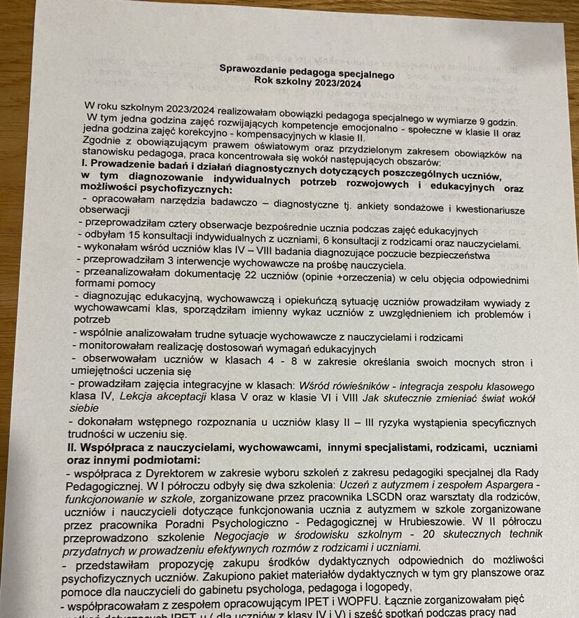 Sprawozdanie pedagoga specjalnego