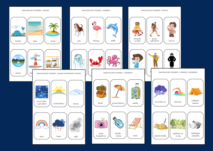 WAKACYJNE KARTY OPOWIEŚCI – ćwiczenia redakcyjne – 66 szt. – wakacje – lato – opowiadanie