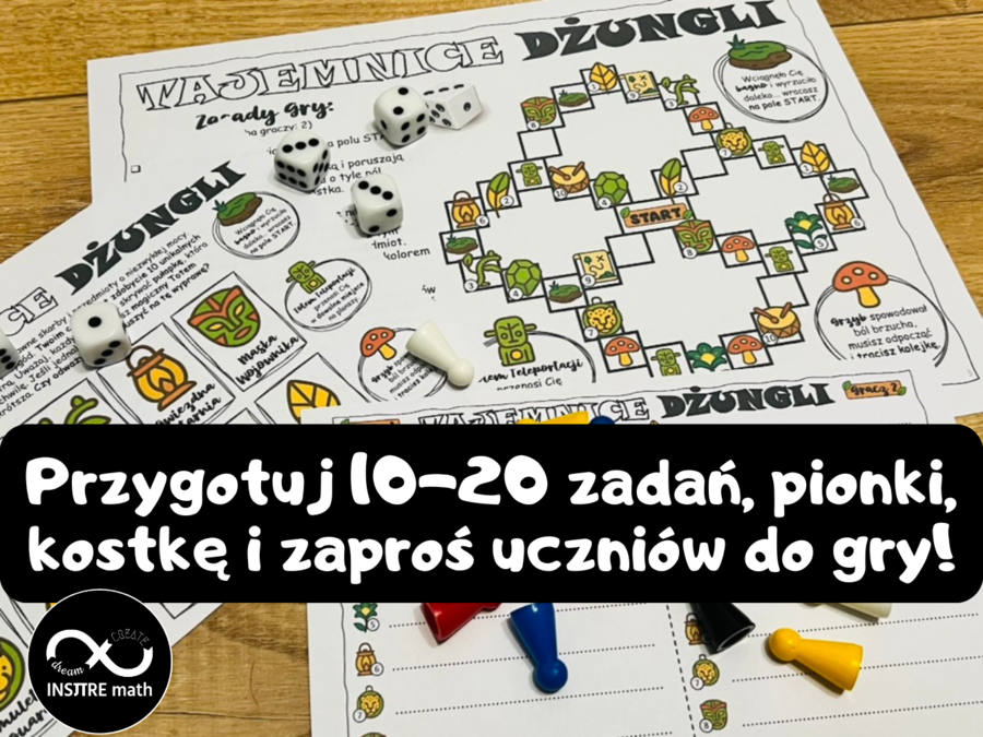 Gra planszowa Tajemnice Dżungli dla dowolnej klasy i tematu. Gra matematyczna lub z dowolnego przedmiotu. Dzień Gier Planszowych, planszówka, gra powtórzeniowa. + 2 wersje 20 zadań (ułamki i działania pisemne)
