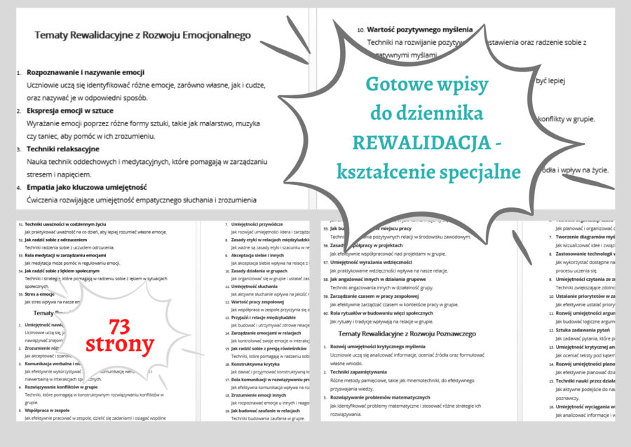 Gotowe TEMATY i WPISY do dziennika ZAJĘĆ / REWALIDACJA (kształcenie specjalne) / 73 strony