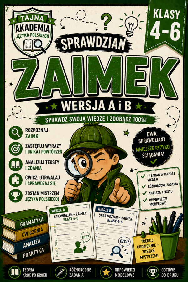 Zaimek – sprawdziany kl. 4–6 | wersja A i B + odpowiedzi modelowe