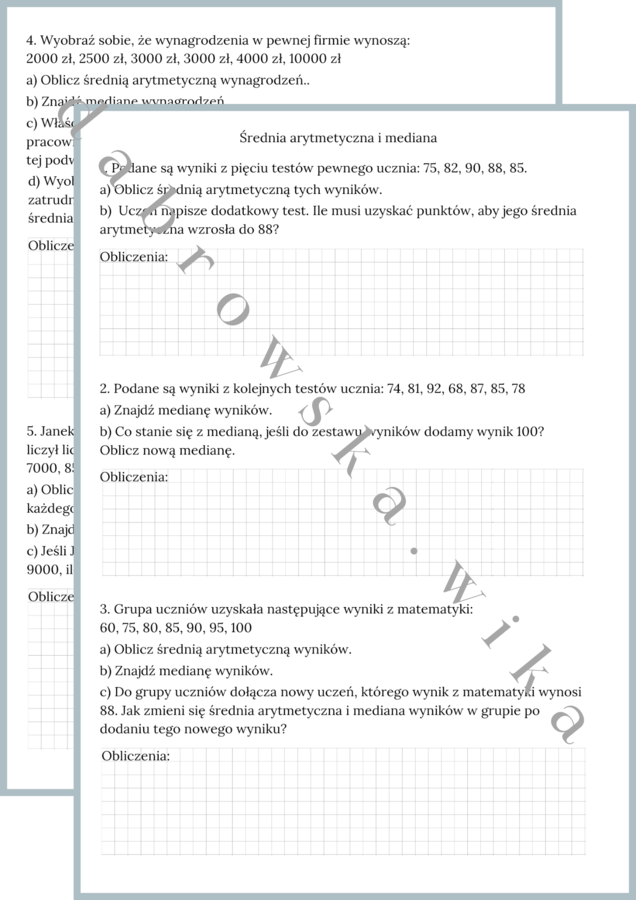 Średnia arytmetyczna i mediana - karta pracy