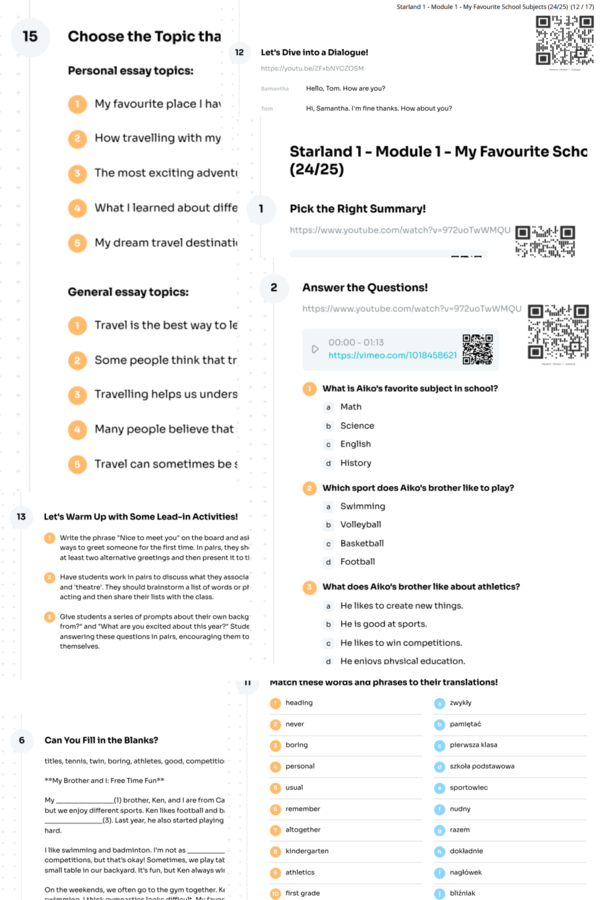 Starland 1 – Module 1 – karta pracy – My Favourite School Subjects (24/25) – countries, nationalities, scool, activities