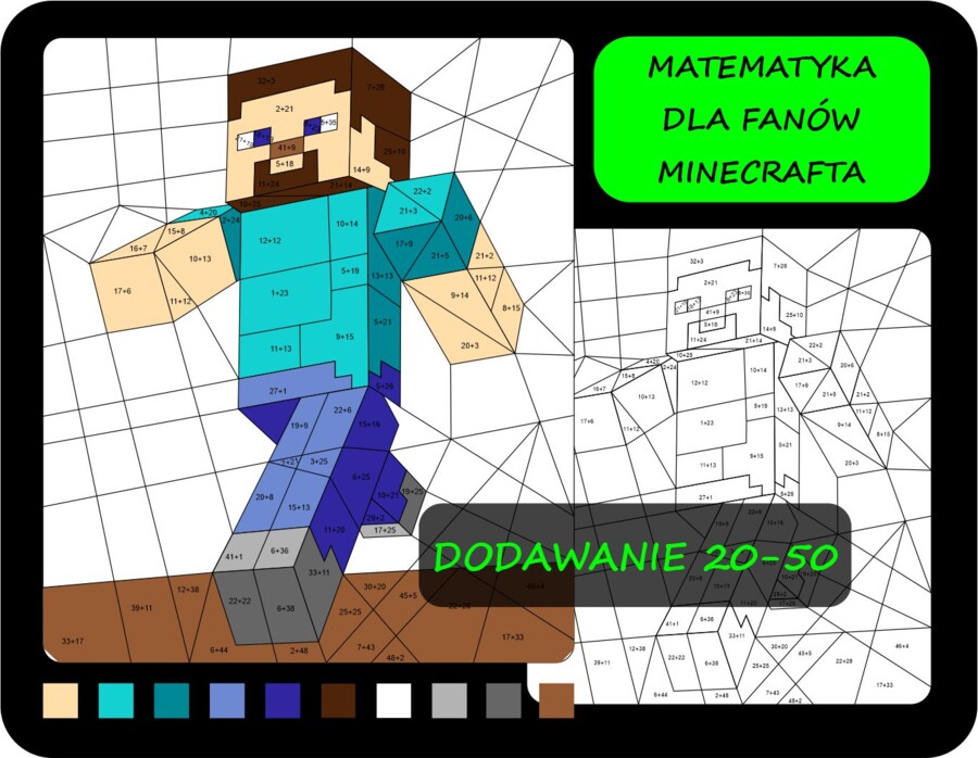 Kolorowanka według wyników dodawania, dodawanie 20-50, Minecraft, matematyka dla fanów Minecrafta, kolorowanka matematyczna
