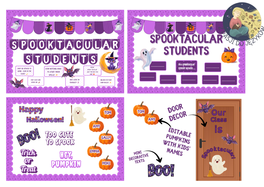🎃 *Spooktacular Students – Halloween Bulletin Board Kit* Upiornie wspaniała gazetka szkolna do druku / Halloween Classroom Display. Pozytywne i motywujące hasła.