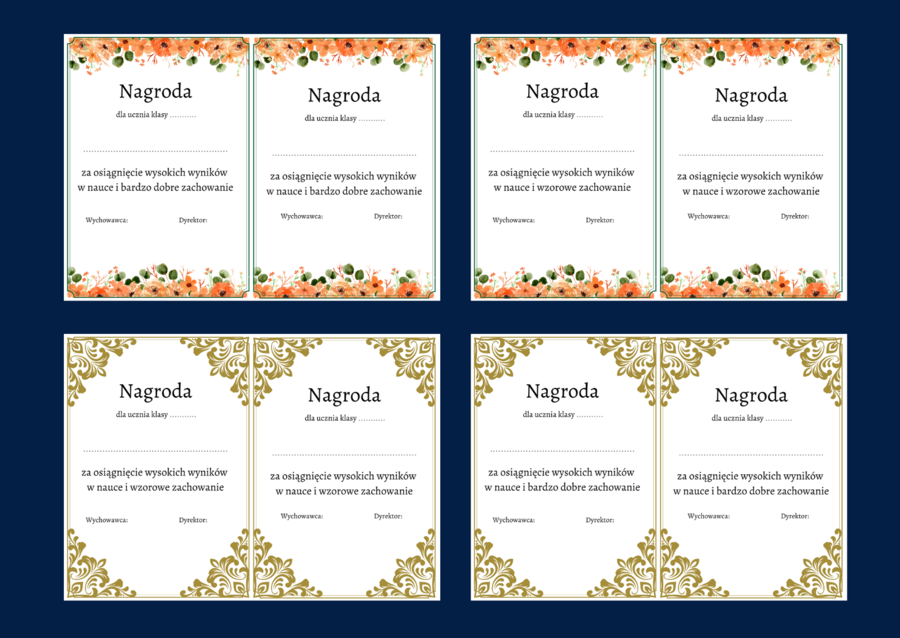 NAGRODA - wkładka do książki - dyplom - dyplomy - 8 wersji - zakończenie roku szkolnego