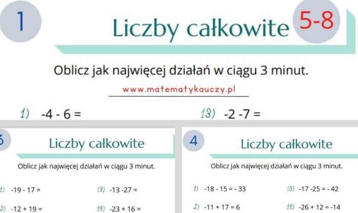 Dodawanie i odejmowanie LICZB CAŁKOWITYCH BEZ NAWIASÓW / Karty pracy PDF kl. 5-8 + ROZWIĄZANIA