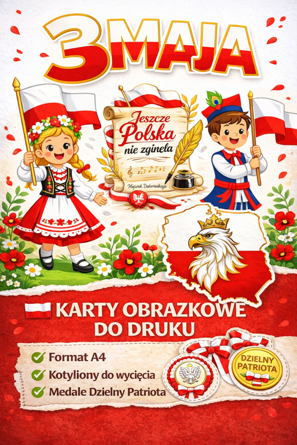 Święto Konstytucji 3 Maja – karty obrazkowe A4 + kotyliony i medale do druku