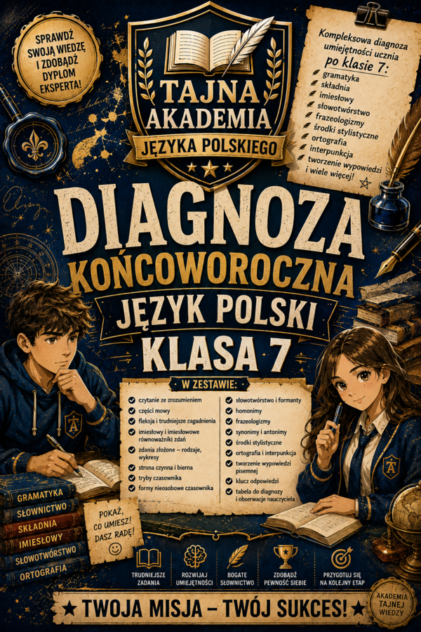 Diagnoza końcoworoczna – język polski klasa 7 | test kompetencji + odpowiedzi + tabela diagnozy