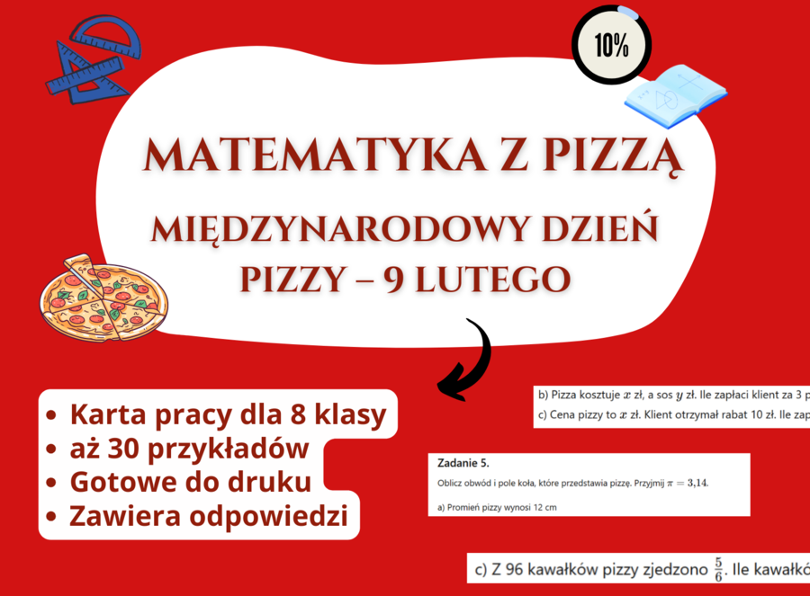 🍕 Matematyczna karta pracy dla 8 klasy – Międzynarodowy Dzień Pizzy - 9 luty (Ułamki, procenty, równania i koło z odpowiedziami)