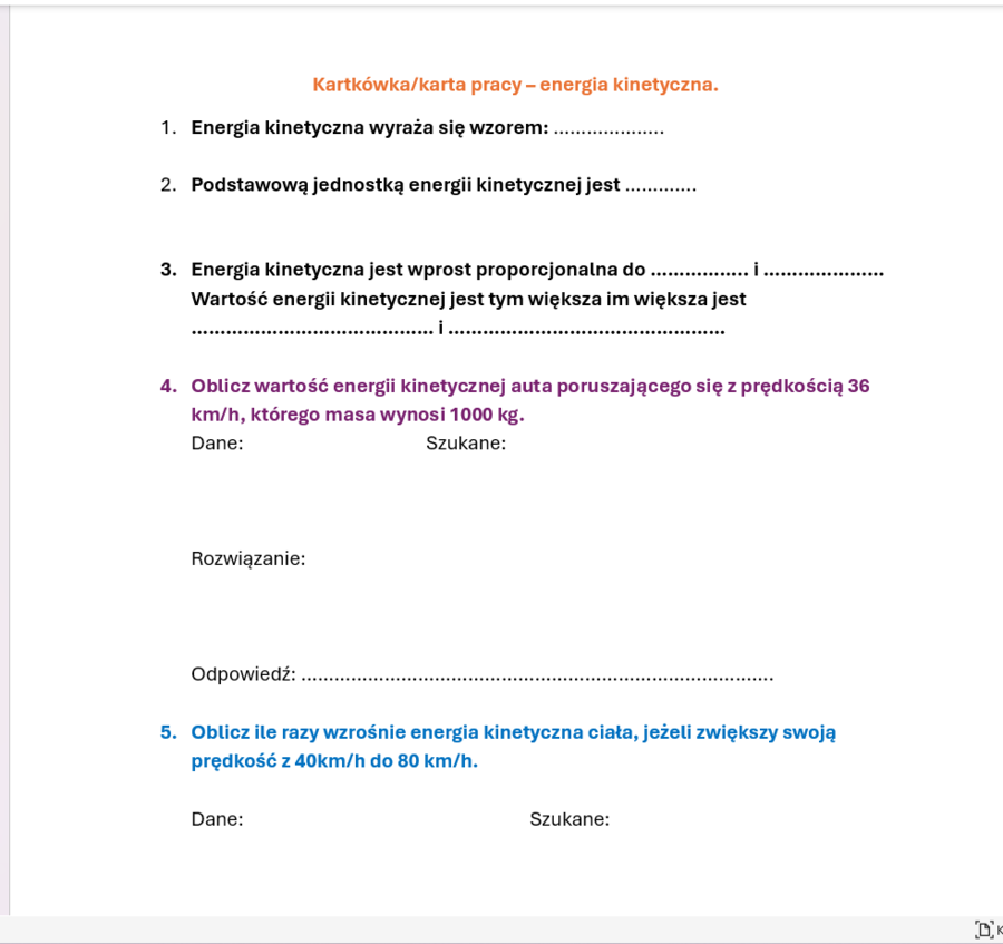 Karta pracy/kartkówka ENERGIA KINETYCZNA