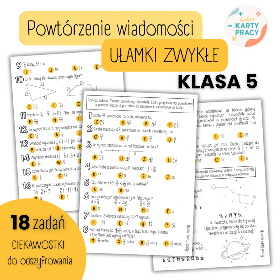 POWTÓRZENIE MATERIAŁU – Ułamki zwykłe – KLASA 5