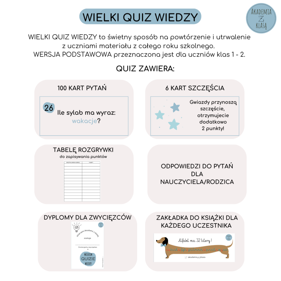 WIELKI QUIZ WIEDZY - WERSJA PODSTAWOWA 50 PYTAŃ - DLA KLAS 1-2