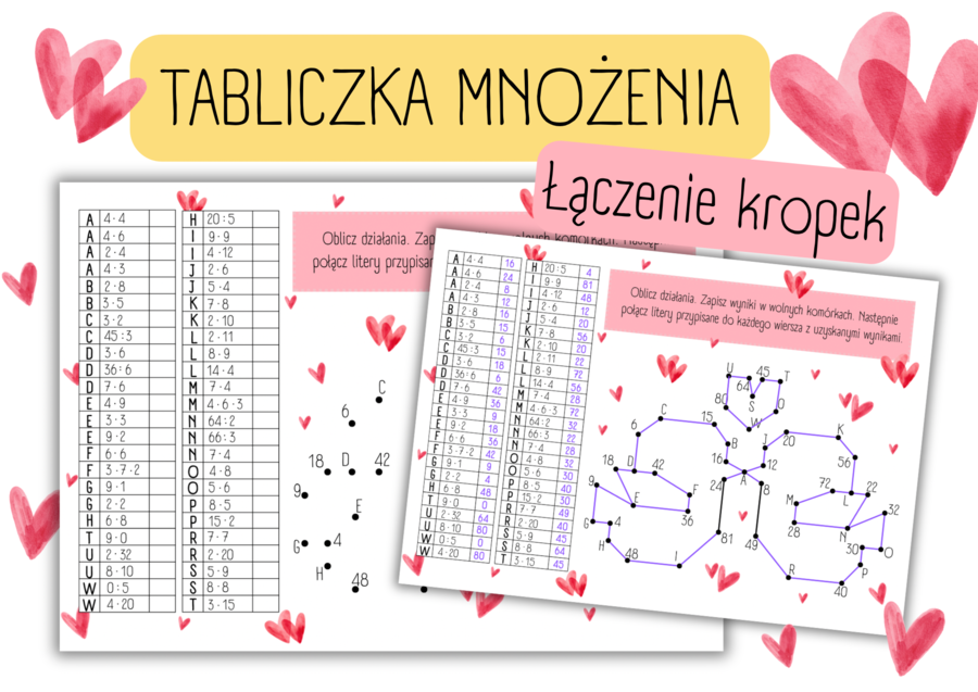 WALENTYNKI - MATEMATYKA - łączenie kropek - TABLICZKA MNOŻENIA