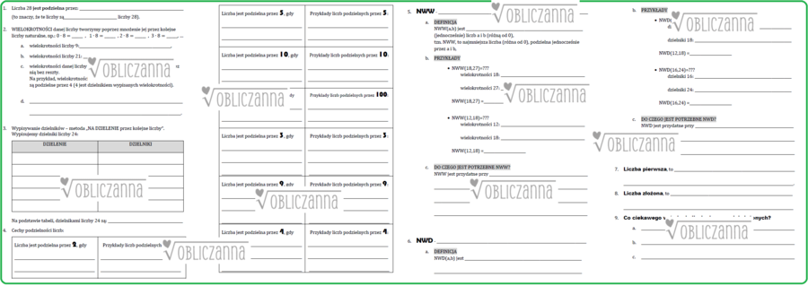 DZIELNIKI, WIELOKROTNOŚCI, CECHY PODZIELNOŚCI, NWW, NWD - notatka (karta do uzupełnienia)