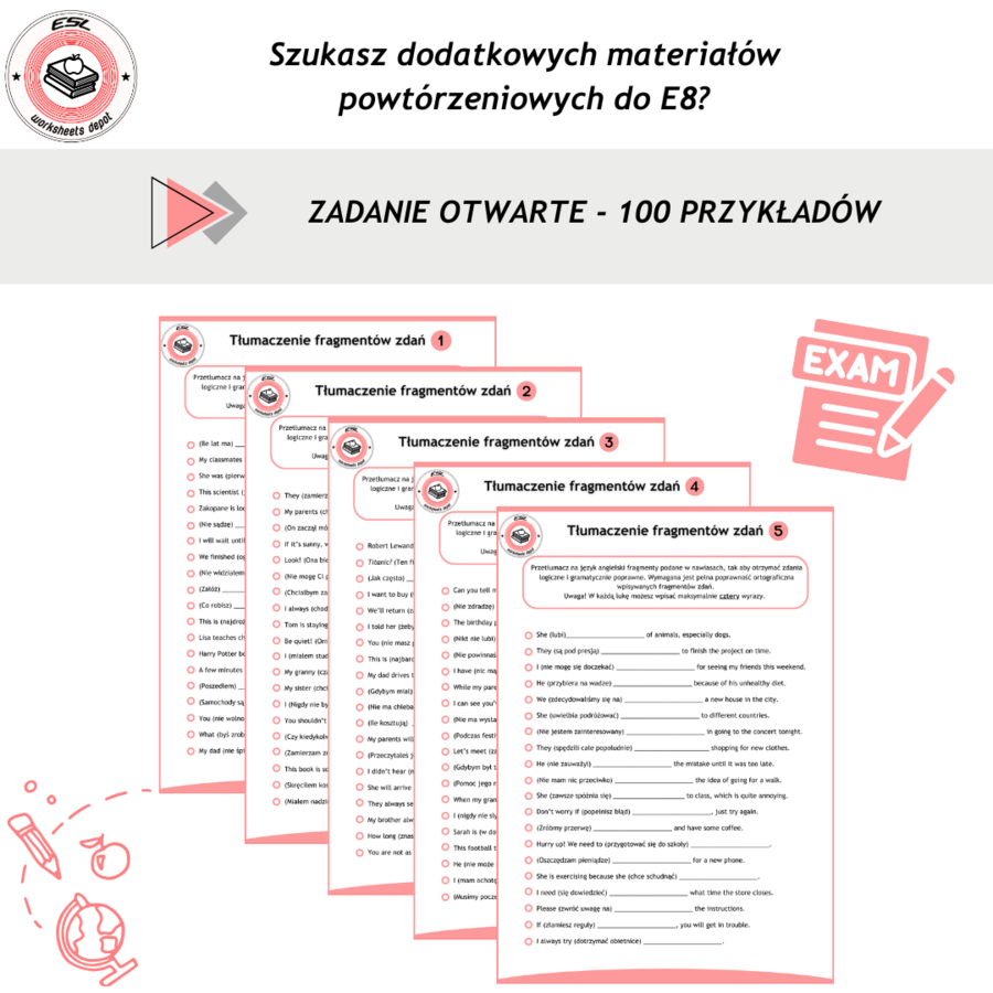 E8 z języka angielskiego - tłumaczenie fragmentów zdań - 100 przykładów